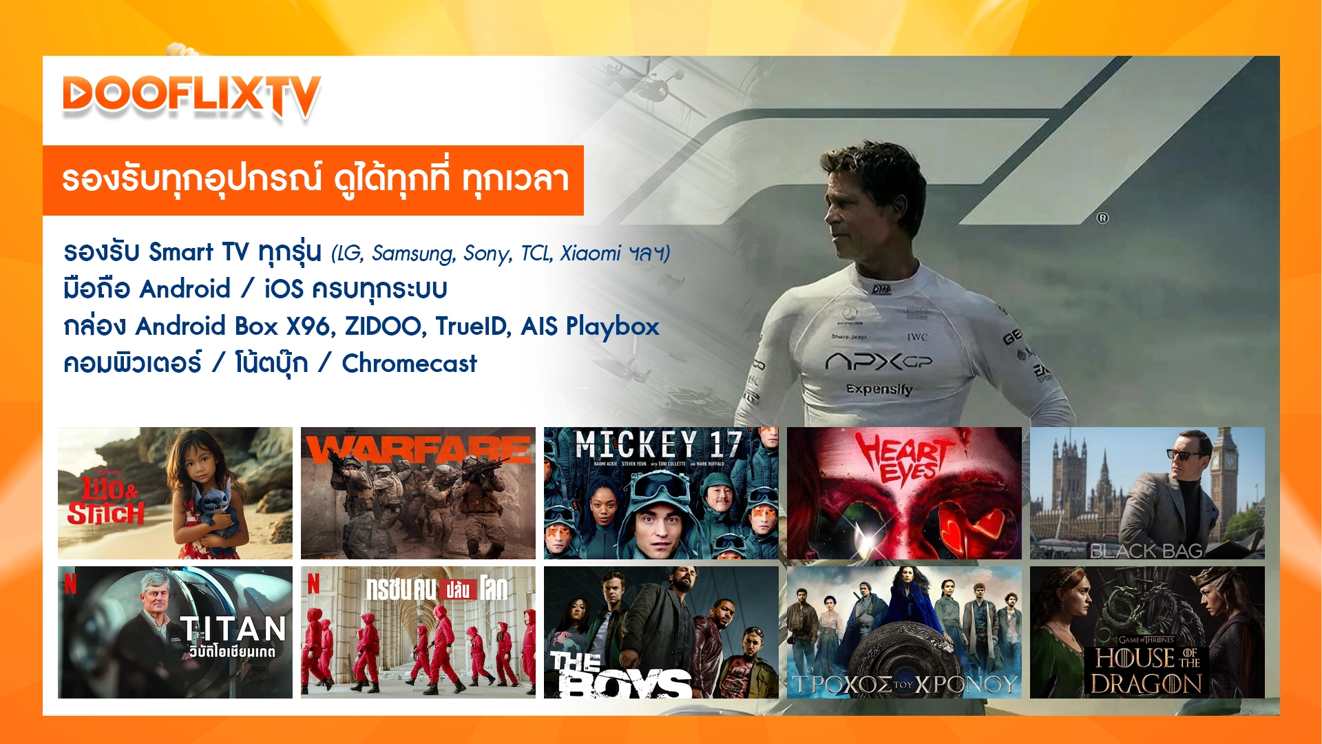 DOOFLIXTV รองรับทุกอุปกรณ์ ดูได้ทุกที่ ทุกเวลา รองรับ Smart TV ทุกรุ่น (LG, Samsung, Sony, TCL, Xiaomi ฯลฯ) มือถือ Android / iOS ครบทุกระบบ