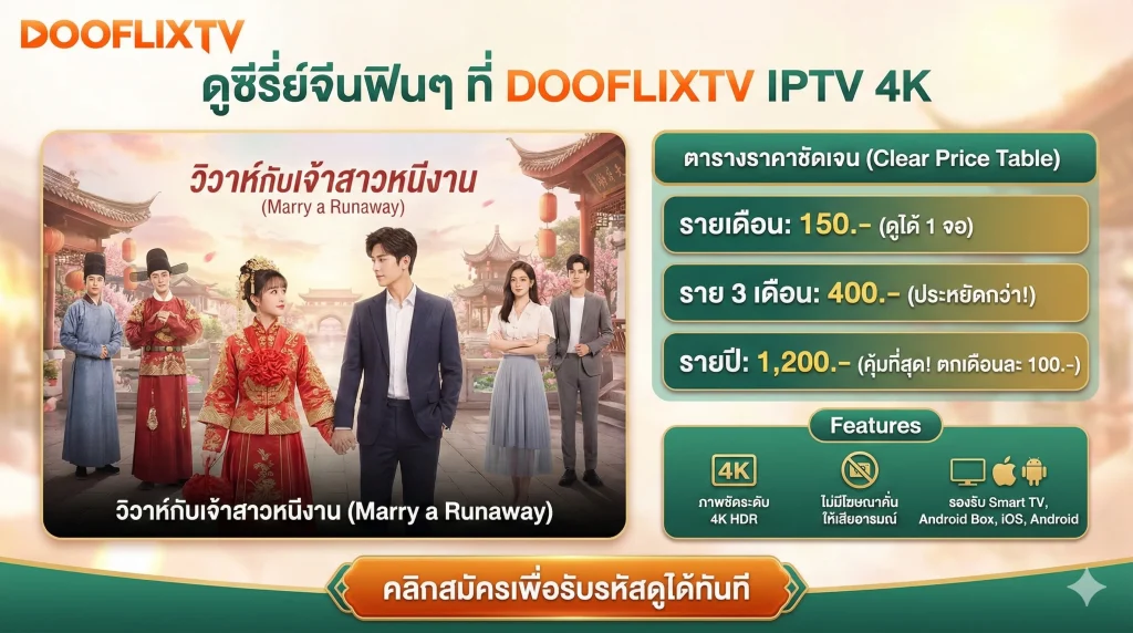 ดูซีรี่ย์จีนฟินๆ ที่ DOOFLIXTV IPTV 4K วิวาห์กับเจ้าสาวหนีงาน (Marry a Runaway) พากย์ไทยเสียงดีมาก รายเดือน: 150.- (ดูได้ 1 จอ) ราย 3 เดือน: 400.- (ประหยัดกว่า) รายปี: 1,200.- (คุ้มที่สุด! ตกเดือนละ 100.-)